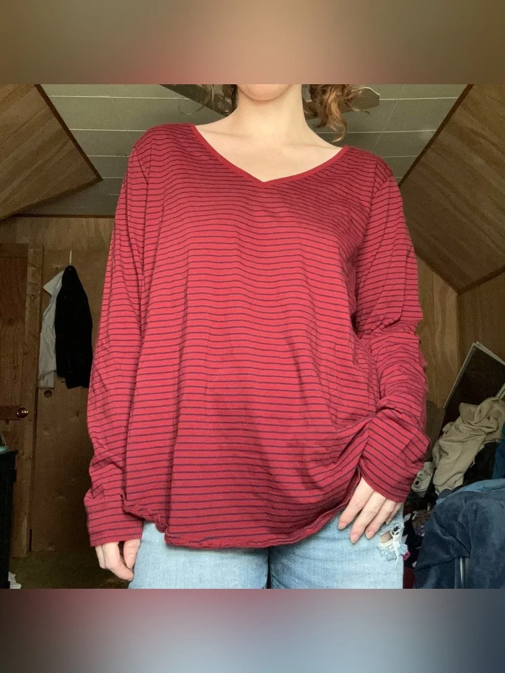 Old Navy Everywear Red Navy Blue Striped V-Neck Long Sleeve Shirt Women’s XXL